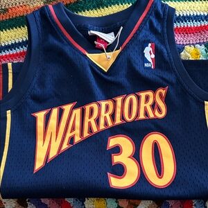 Mitchell & Ness Navy and Yellow Warriors #30 Kids “Curry” Basketball Jersey